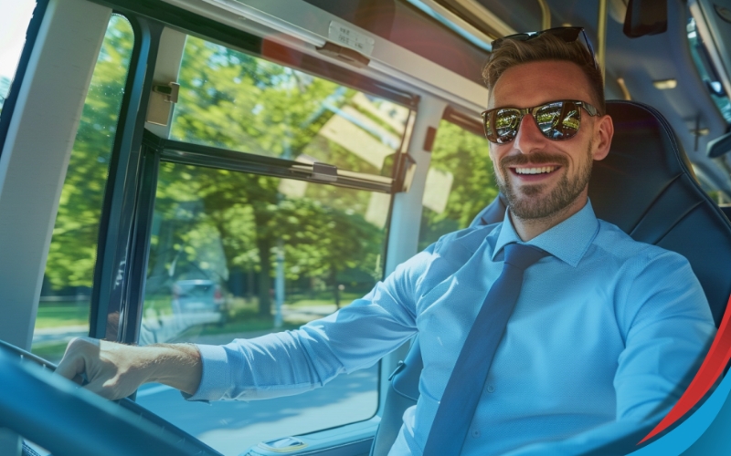 open coach doors with coach driver smiling from inside the bus, coach hire, June 2024, UK